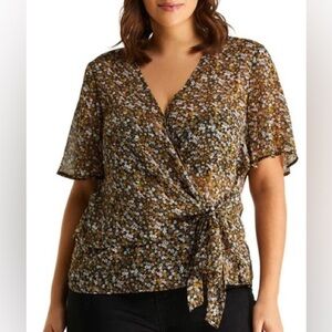 Estelle Noir Semi-Sheer Ditsy Print Tie Waist Blouse NWT